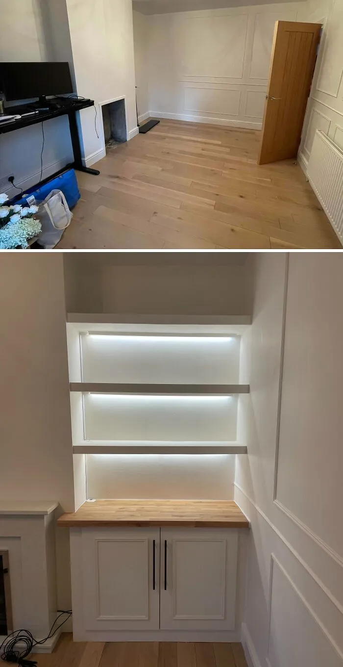 Modern white shelves with integrated LED lighting, highlighting smart DIY Home Upgrades.