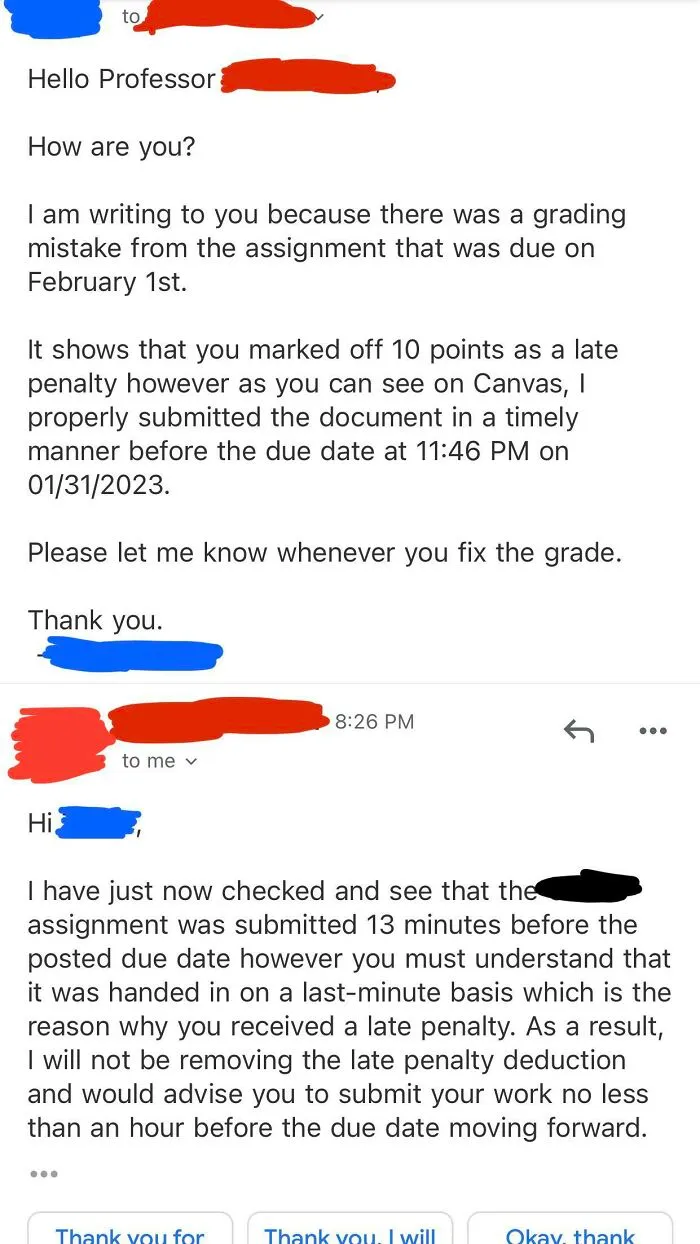An email exchange showing funny teachers deducting points for submitting assignments last minute