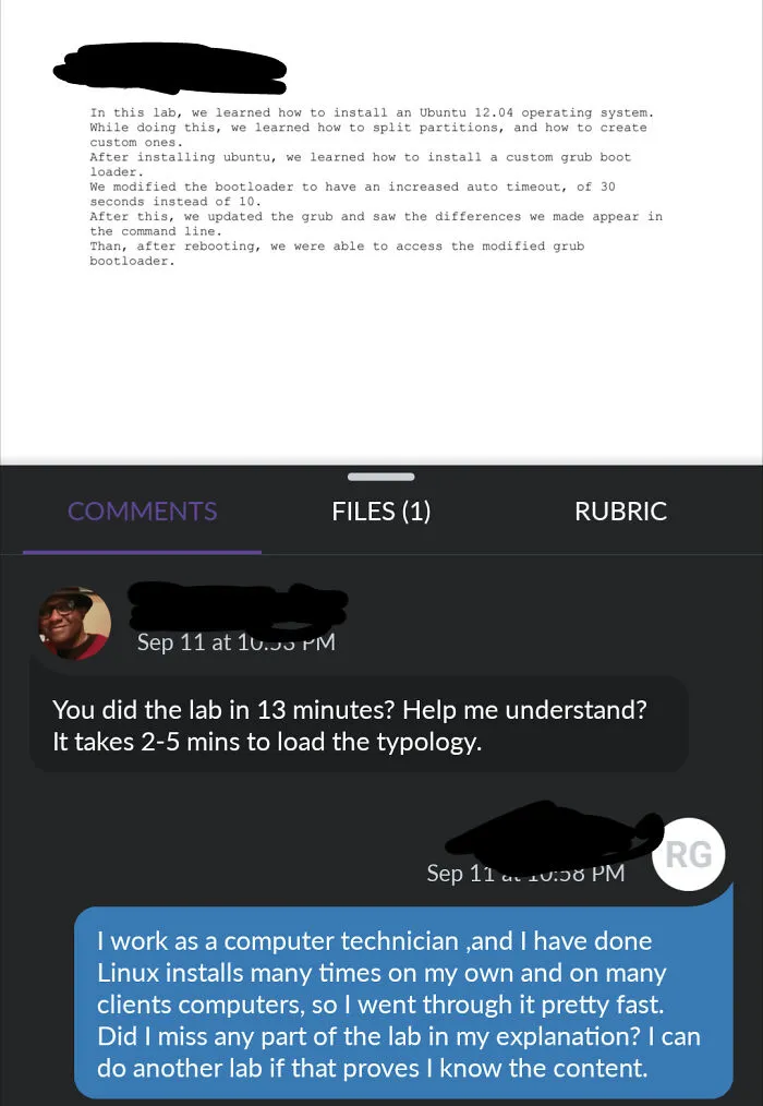 A student explaining a quick lab setup to funny teachers who questioned the fast submission time