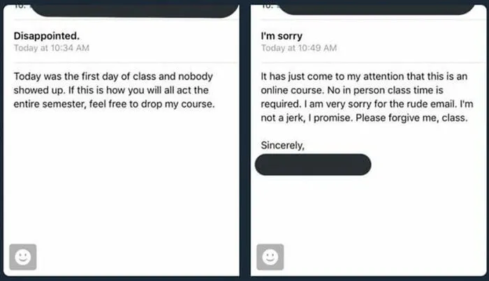 An email apology from funny teachers who forgot their class was completely online
