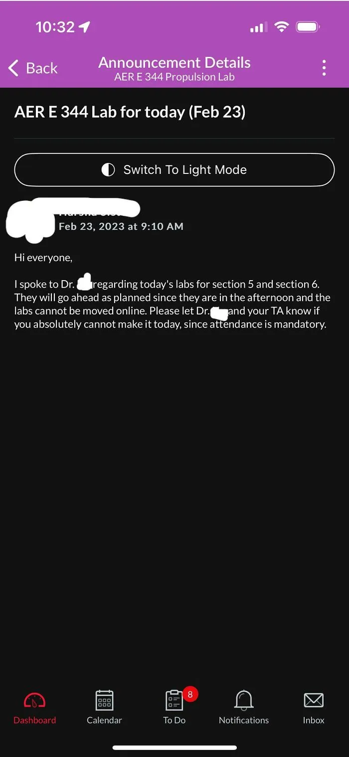 A screenshot of a mandatory lab announcement from teachers, emphasizing that attendance cannot be moved online.