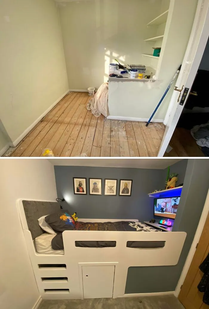 Before and after of a small bedroom renovation with a custom loft bed as a DIY home upgrade