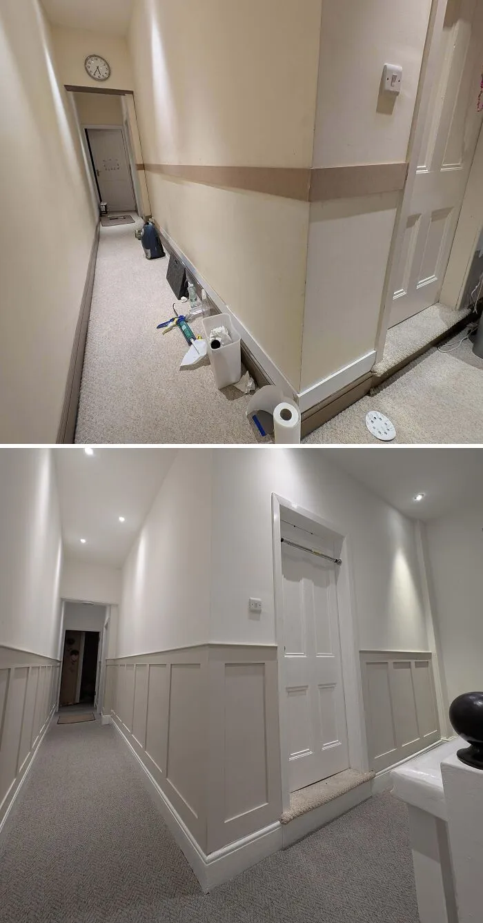 A hallway transformation before and after adding wainscoting paneling for a DIY home upgrade