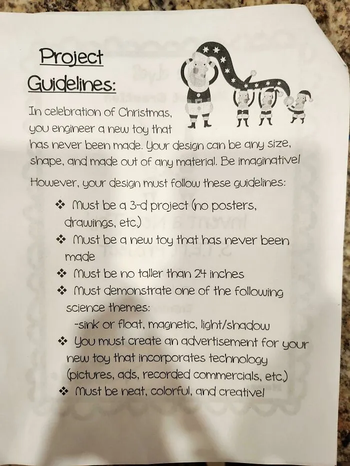 School project guidelines sheet featuring a whimsical Christmas graphic used by teachers.