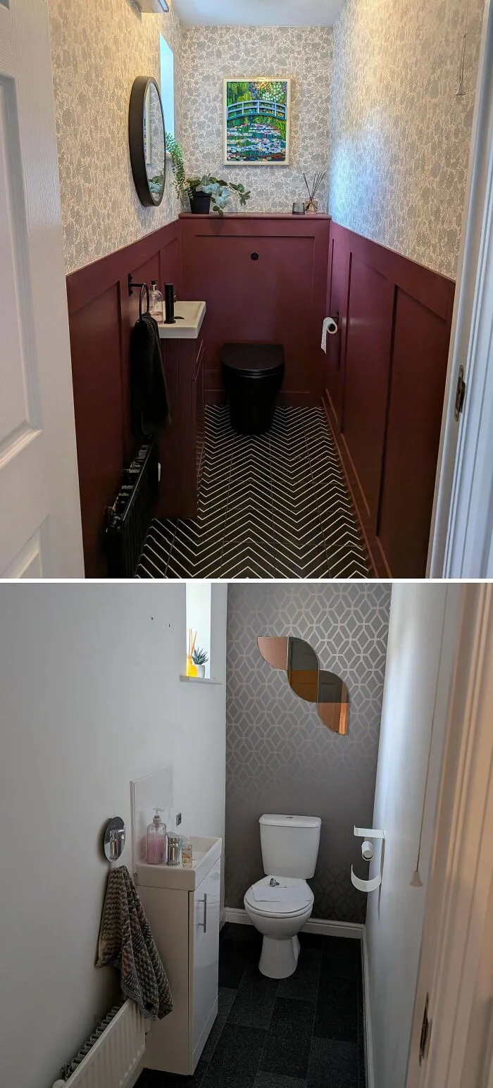 Before and after of a small powder room with rich burgundy wainscoting as smart DIY home upgrades