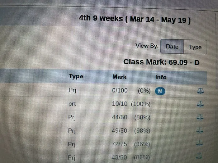 A digital grade book screen showing graded projects marked by teachers.