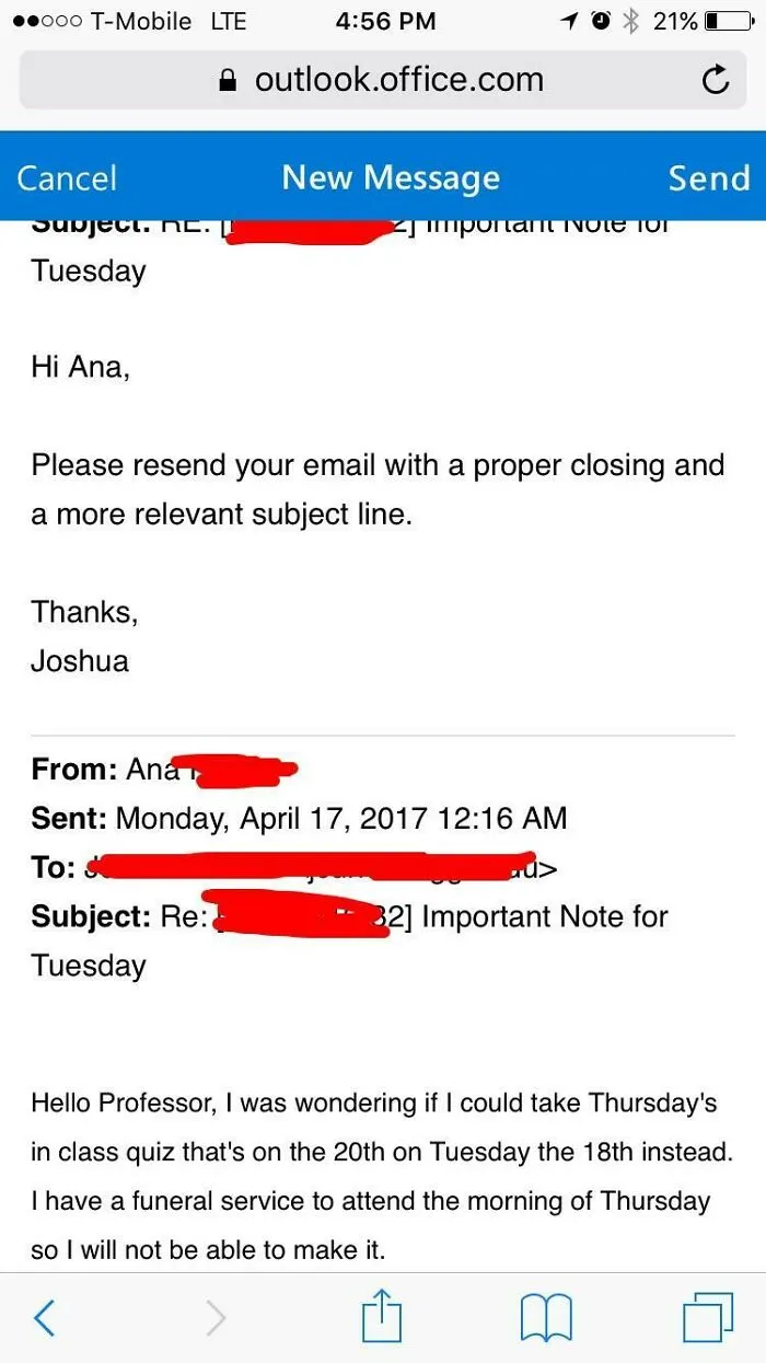 Email from a strict professor responding to a student request, showing teachers who took their jobs too seriously