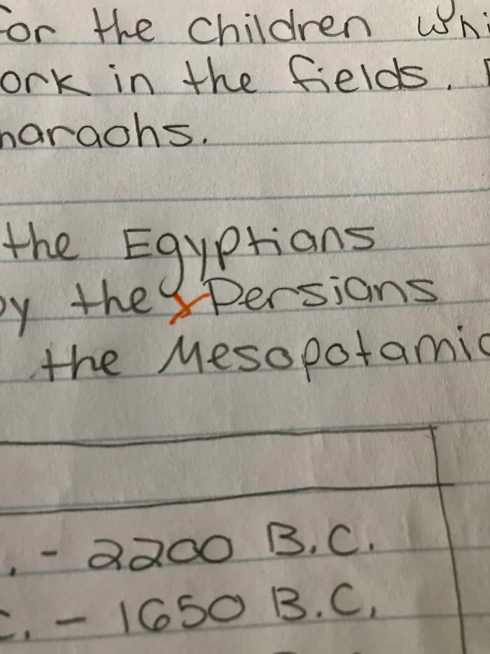 Red ink correction on a student's history paper, illustrating teachers who took their jobs too seriously