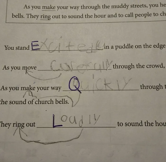 Handwritten school worksheet where teachers corrections of spelling are marked on fill-in-the-blank sentences.
