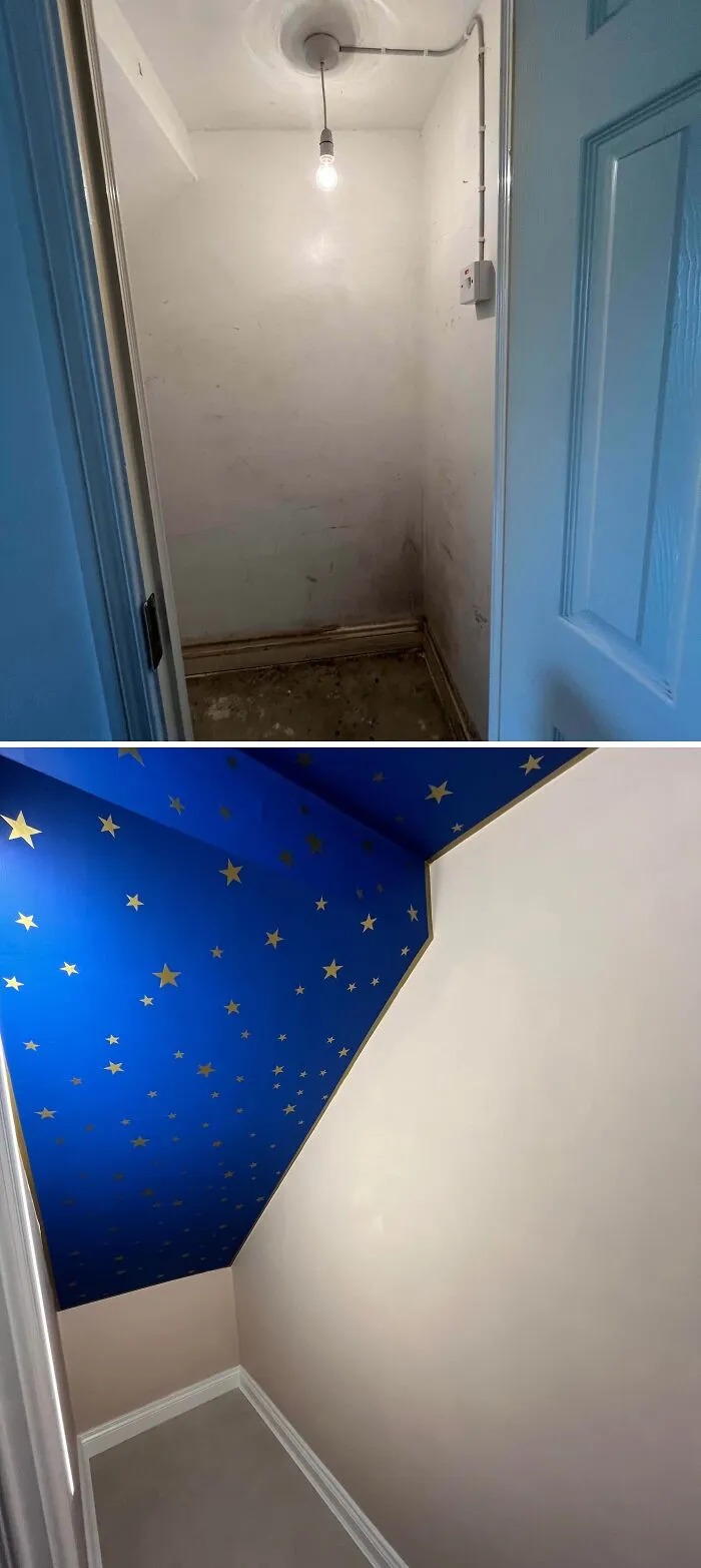 A small under-stairs closet transformation with a starry ceiling as a creative DIY home upgrade