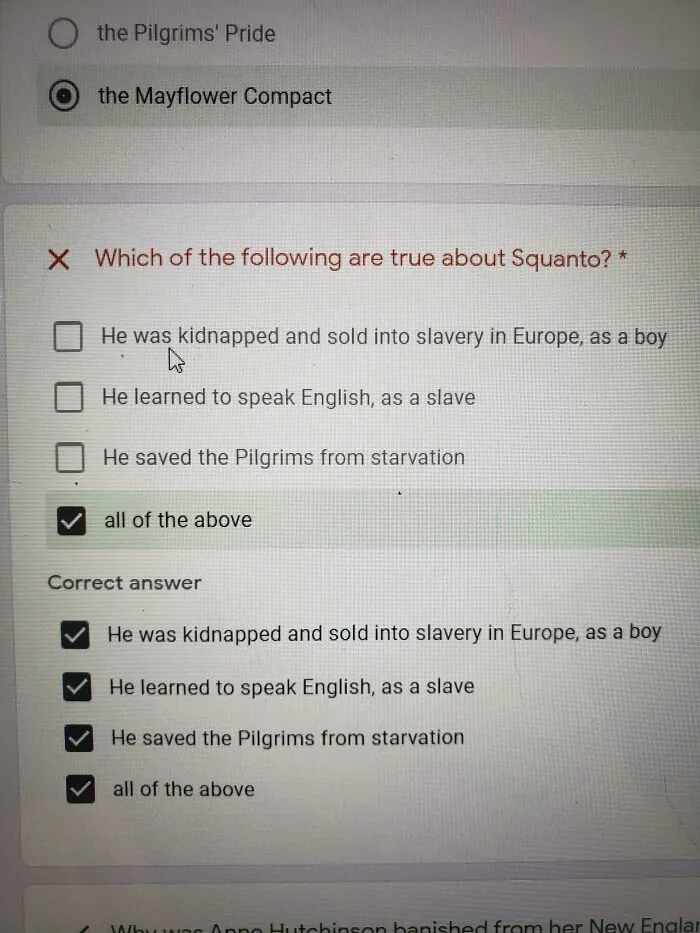 An online quiz question about Squanto marked incorrect despite selecting all of the above, showing funny teachers