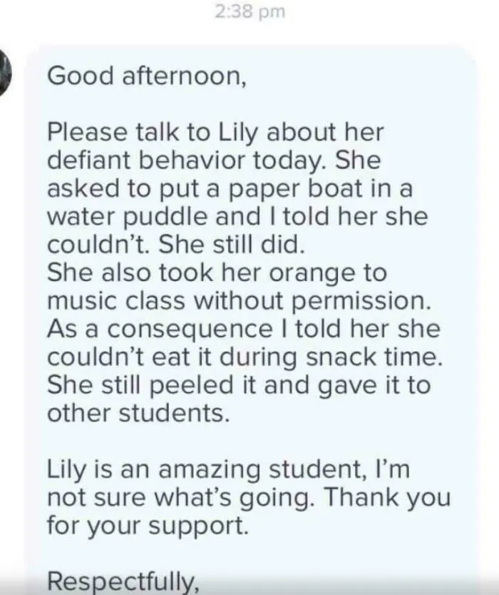 Text message from teachers describing a student's defiant behavior of putting a paper boat in a puddle