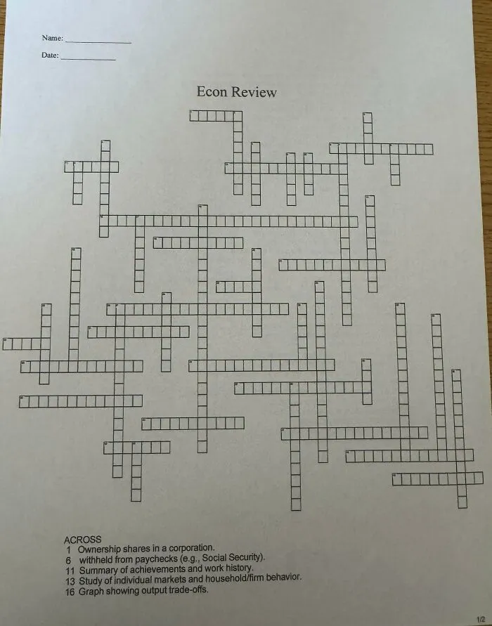 Blank economics review crossword puzzle worksheet prepared by teachers for students