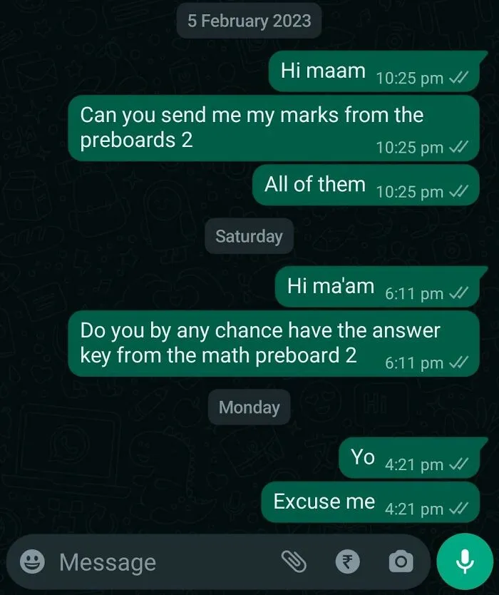 Chat messages from a student to their teachers asking for exam marks and keys