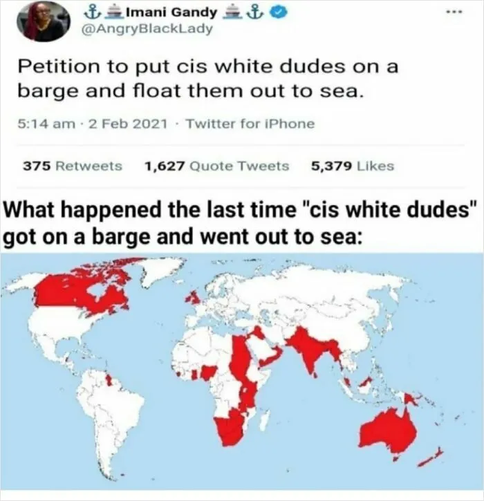Map showing former British Empire territories worldwide from a humorous tweet about cis white dudes