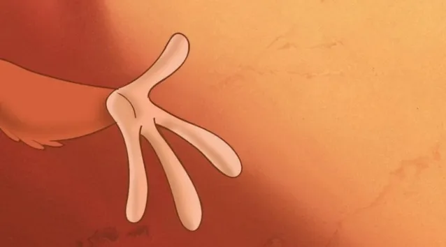 An extreme zoom-in of a Disney character hand with four fingers on an orange background.