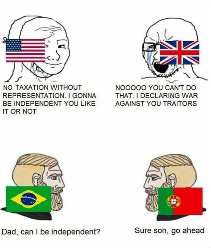 British history meme featuring USA, UK, Brazil, Portugal flags discussing independence