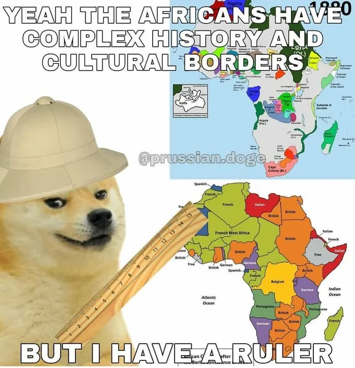 British history meme with Doge and African colonial borders map with ruler joke
