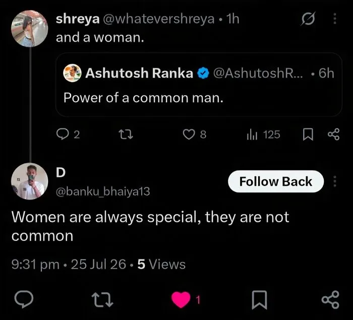 Twitter exchange about the power of a common man and women's special status