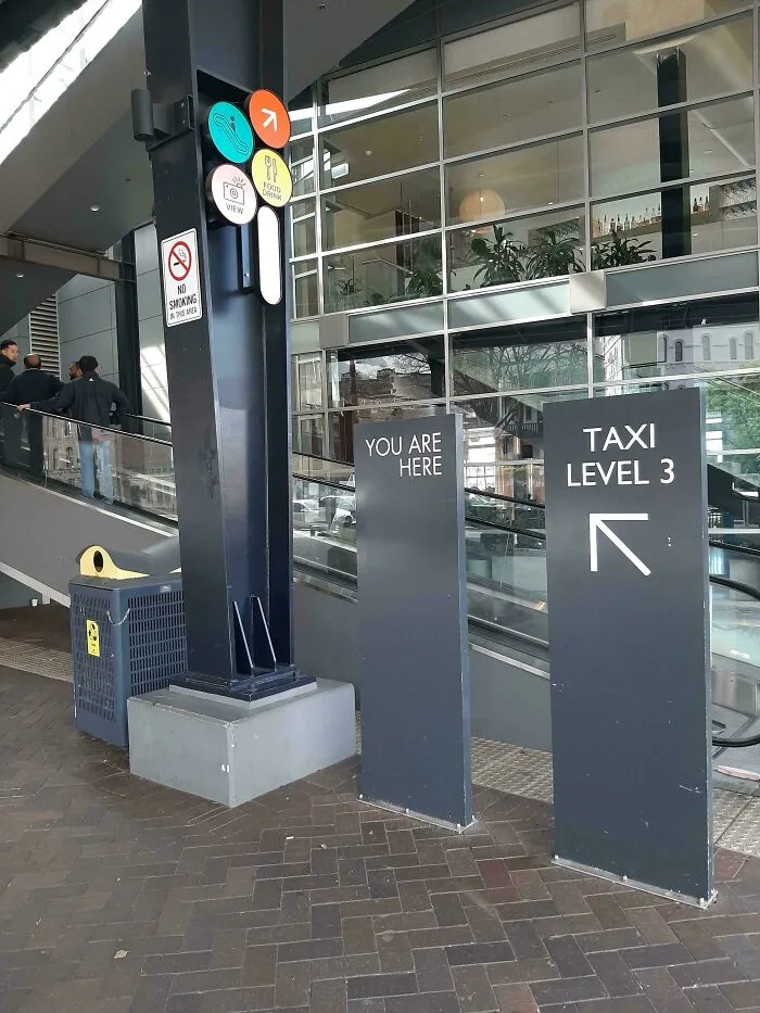 Directional sign pointing to taxi level 3 with you are here marker