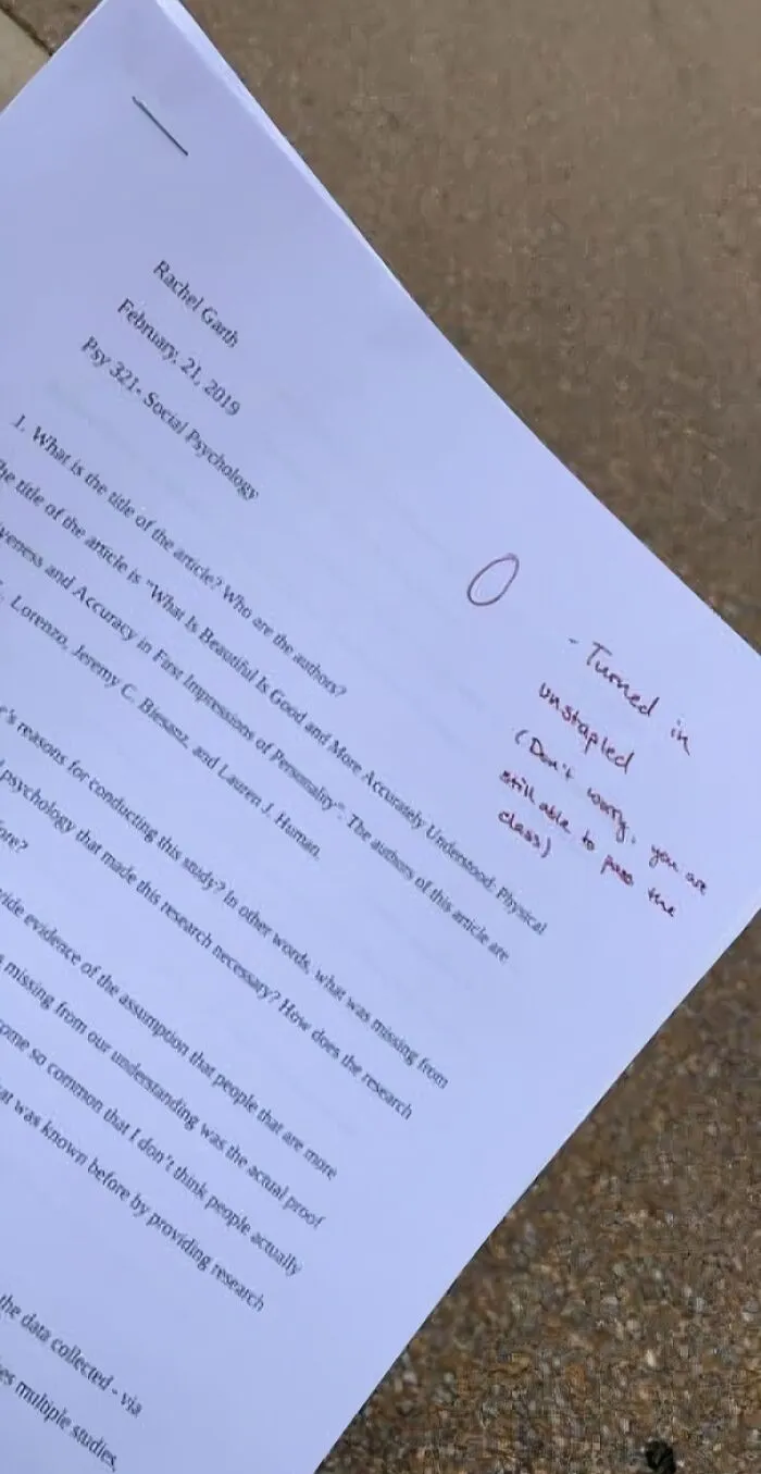 Student Gets A Zero On An Assignment For Turning It In Unstapled