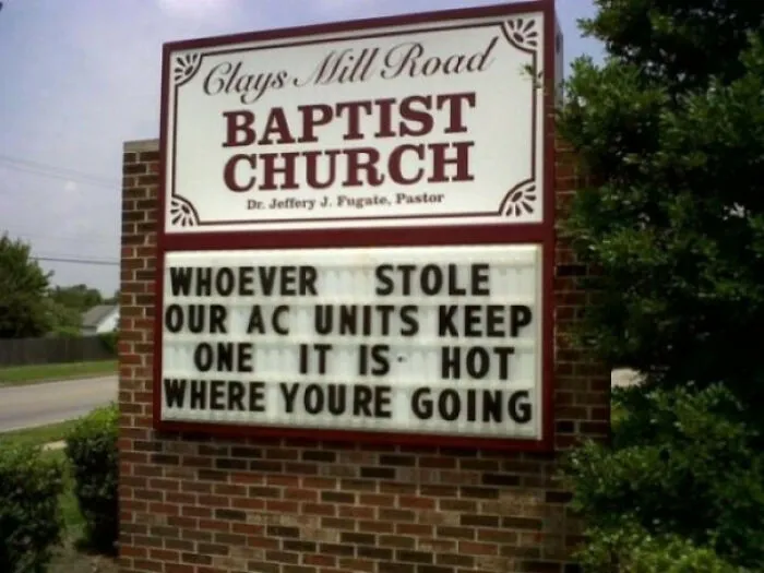 Baptist church sign humorously warns about stolen air conditioning units