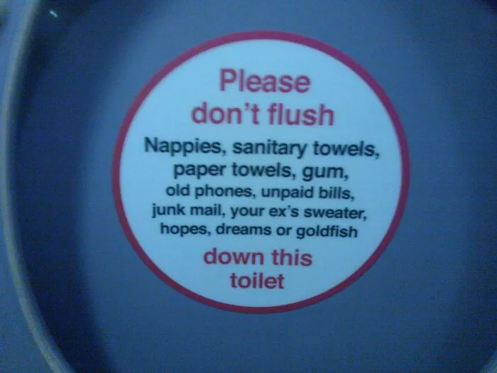 Funny toilet sign warning not to flush inappropriate items including hopes dreams or goldfish