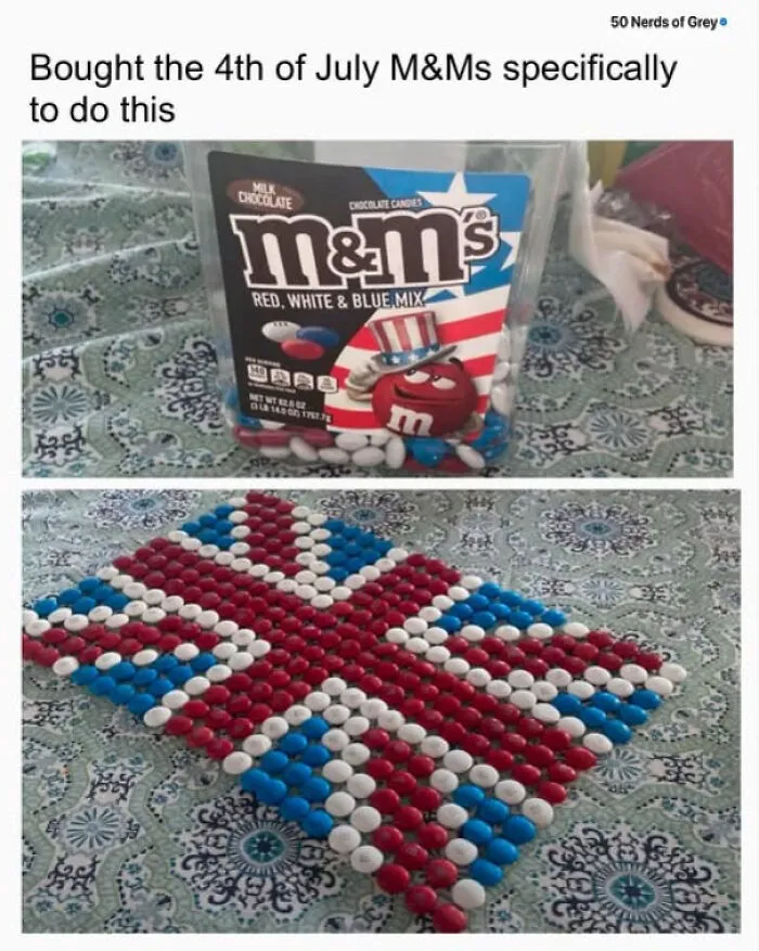 The Union Jack flag meticulously made from red, white, and blue M&Ms as featured in popular British memes