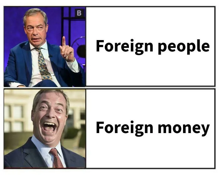British memes featuring a politician reacting to foreign people versus foreign money.