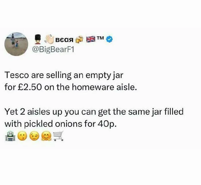 British memes pointing out Tesco selling empty jars for more than a jar filled with pickled onions.