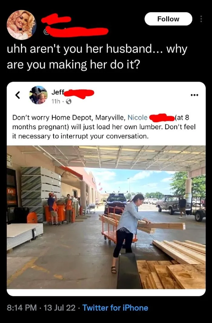 Social media post showing a pregnant woman loading lumber, related to homedepot employees posts.