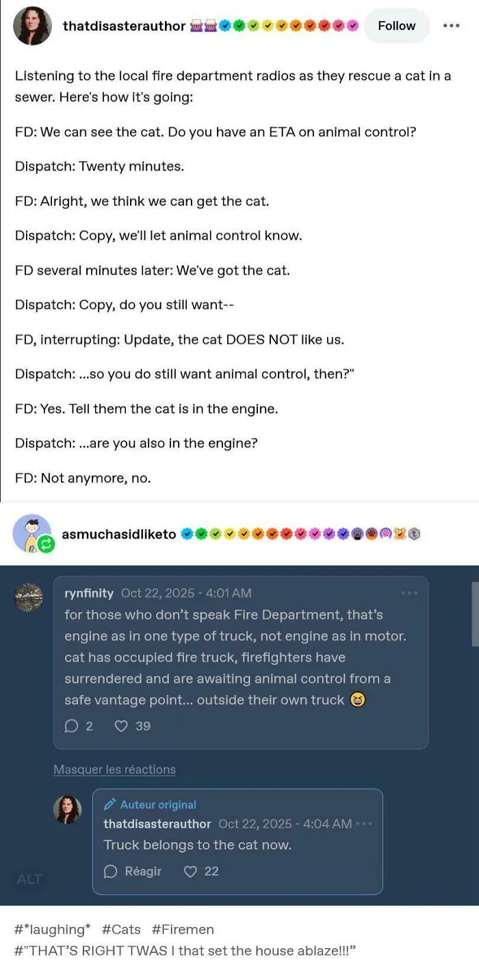 A funny Tumblr post detailing a fire department radio transcript where a rescued cat takes over the engine