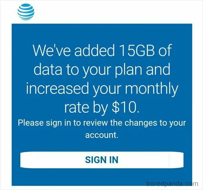 Screenshot of an AT&T notification auto-adding data and charging more, a terrible product design