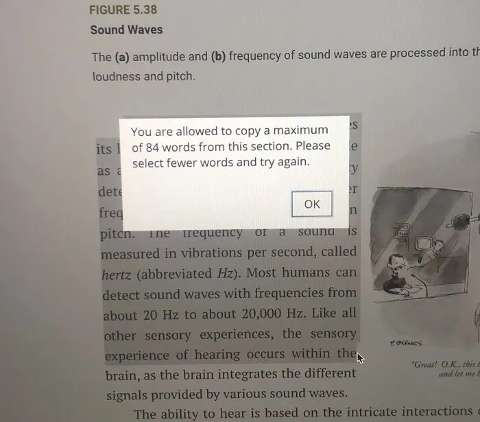 An e-textbook popup restricting text copying to a maximum of 84 words, showing terrible product design.