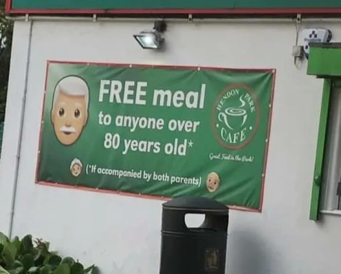 Cafe banner offering free meals with unrealistic terms, showing terrible product design.