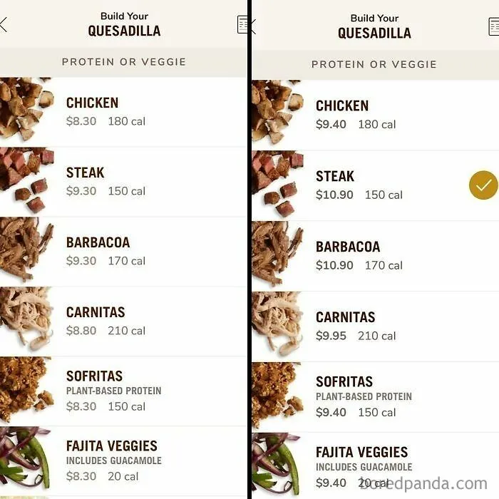 Side by side price comparison of building a quesadilla, a terrible product design that increases the price for the same food.