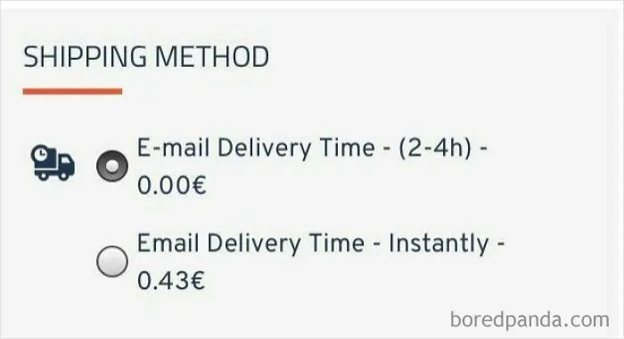A shipping checkout screen showcasing terrible product design with forced digital fees