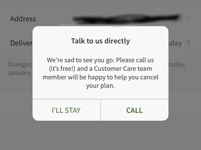 A subscription cancellation screen with a dark pattern, showing terrible product design