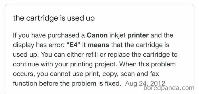 A screenshot explaining that a Canon printer blocks scanning functions when ink is low, a terrible product design