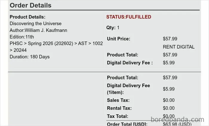 An online order checkout receipt charging a digital delivery fee for a rental, showing terrible product design