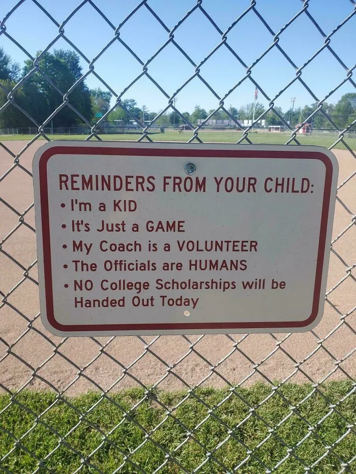 Hilarious sign reminding parents that youth sports are just a game with volunteer coaches and human officials