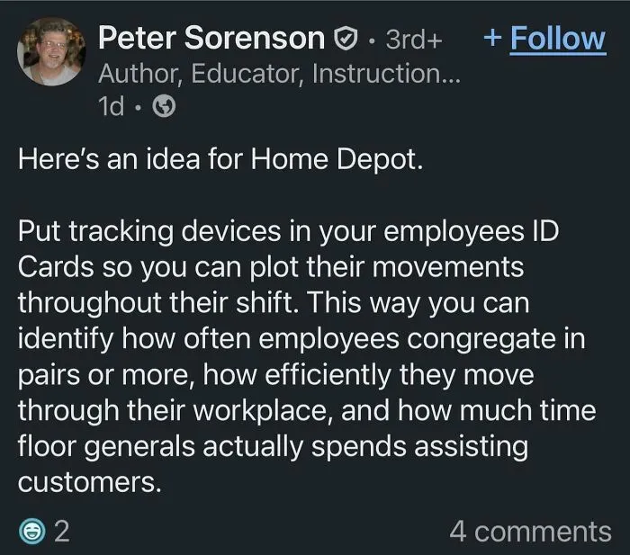 A social media post about tracking devices for staff, relevant to Home Depot employees posts online