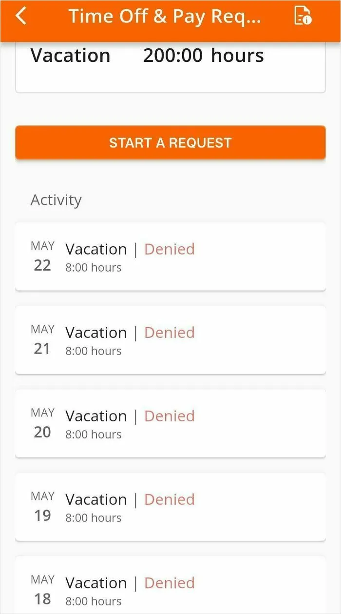 Screen capture of multiple denied vacation requests, highlighted in Home Depot employees posts