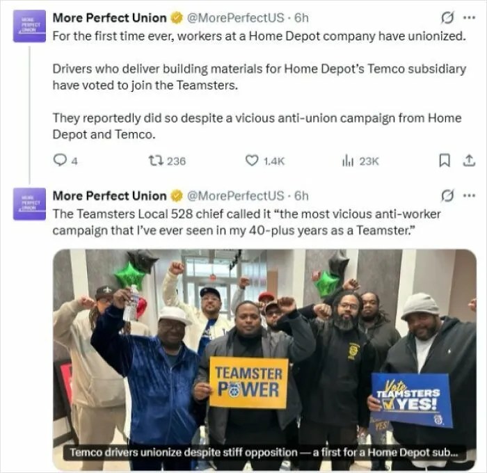 A social media post celebrating unionized drivers, referencing Home Depot employees posts