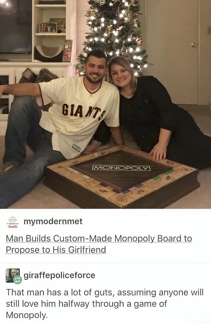 Tumblr post screenshot featuring a couple and a custom Monopoly board used for a wedding proposal