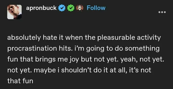 A screenshot of a humorous Tumblr post about procrastination, showcasing chaotic posts from the platform.