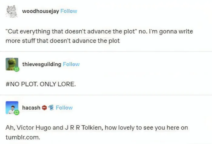 A Tumblr discussion about writing lore instead of plot, as part of a series of chaotic posts.