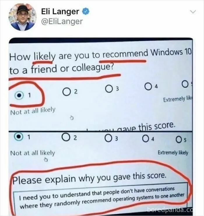 Funny meme about unlikeliness to recommend Windows 10 to friends or colleagues