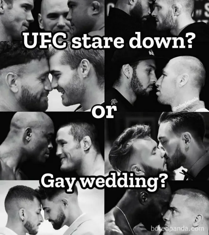 Black and white UFC stare down compared to gay wedding meme