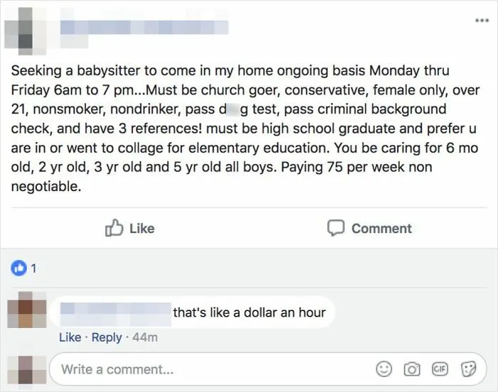 Facebook post of choosing beggars asking for a full-time babysitter for four boys at only 75 dollars a week.